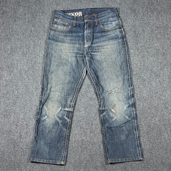 Vintage Y2K Rokker 30x29 Blue Schoeller Dynatec Motorcycle Denim Jeans 0657 - Picture 2 of 13